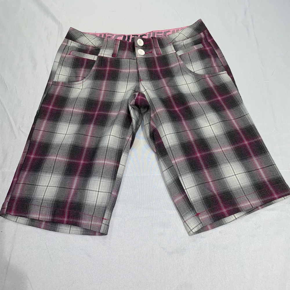 UFC Plaid Shorts Womens Medium Pink Grey White Checkered Double Button Casual